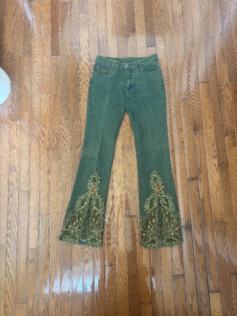 Olive Army Green Vintage Y2K Embroidered Beaded Low Rise Bootcut 2000s Jeans